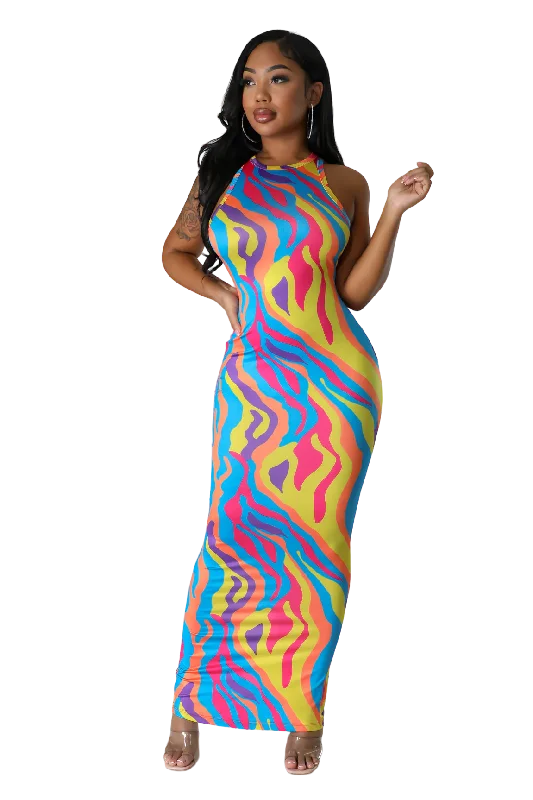 Multi Color Pattern Maxi Dress Stylish V-Neck Maxi Dress