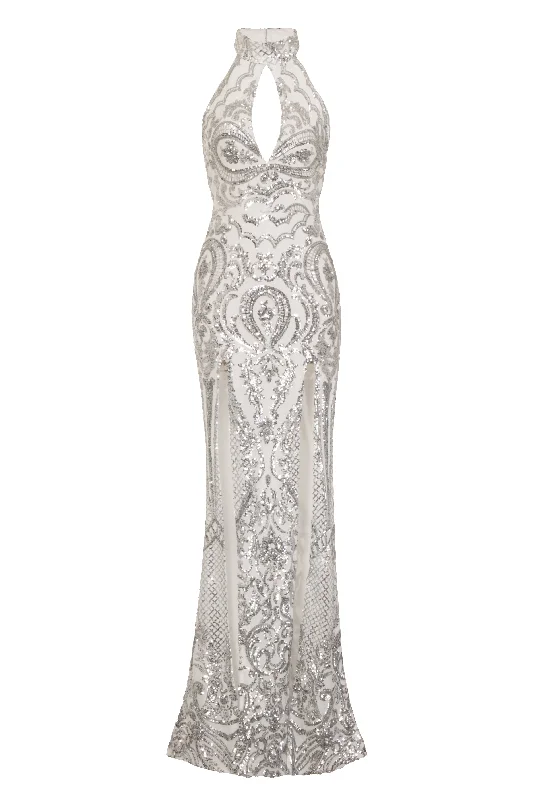 Mystery Silver Luxe Keyhole Bust Double Slit Sequin Illusion Maxi Dress Casual Maxi Dress with Pockets