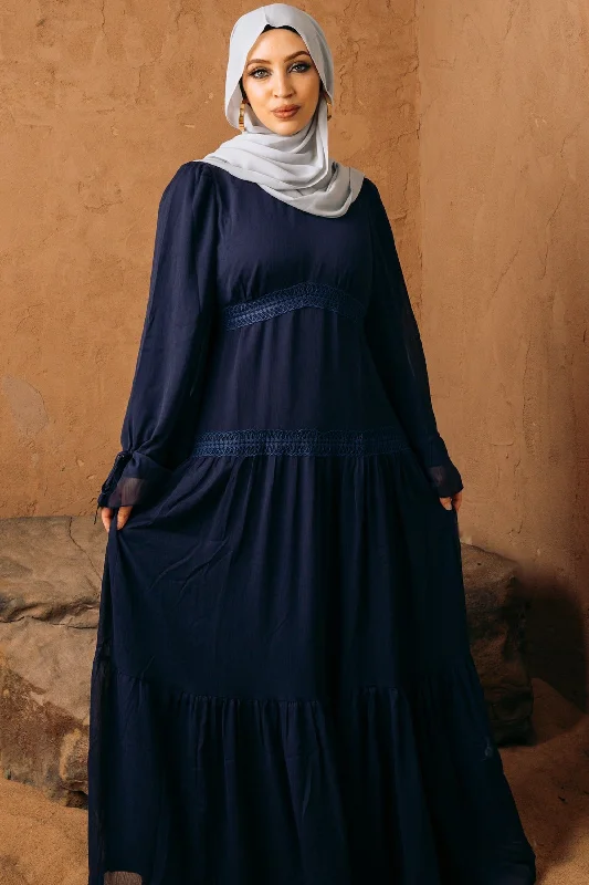 Navy Lace Empire Waist Tiered Maxi Dress Stylish Pleated A-Line Maxi Dress