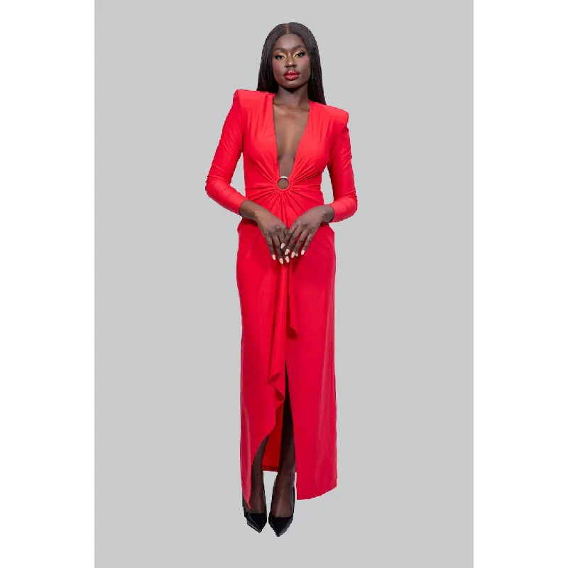 NOEL Red Bust Cut-Out Maxi Dress Comfortable Satin Maxi Dress