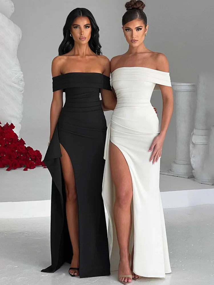 Off-shoulder Ruffled Thigh High Split Maxi Dress For Women Slash Neck Backless Bodycon Sexy Party Evening Dress Elegant Chic Summer Maxi Dress
