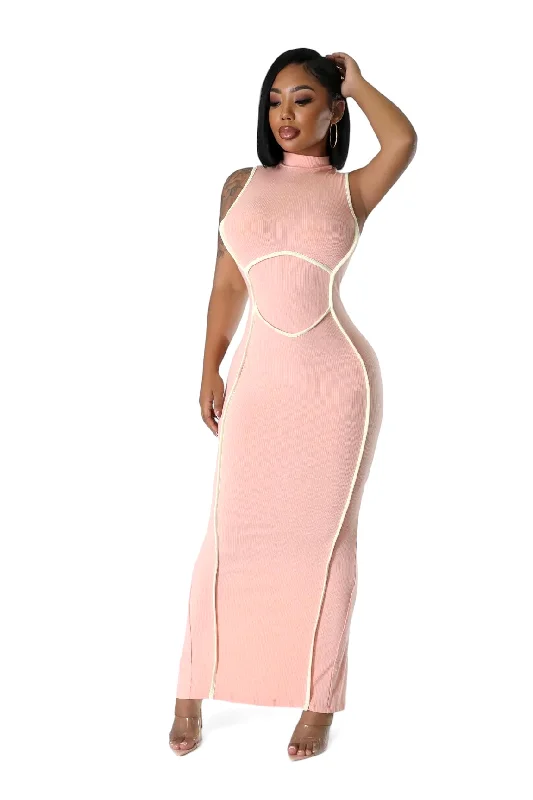 Peach Mock Neck Ribbed Maxi Dress Classic Solid Maxi Dress