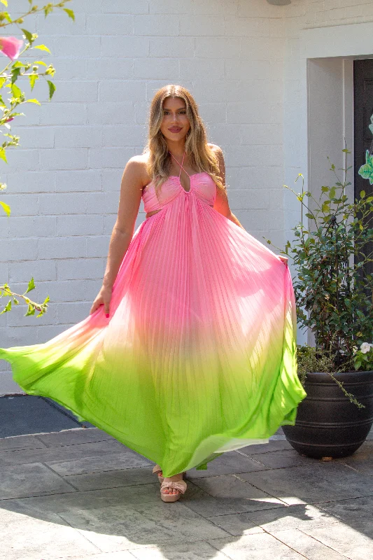 Pink and Green Ombre Pleated Halter Maxi Dress Classic V-Neck Maxi Dress