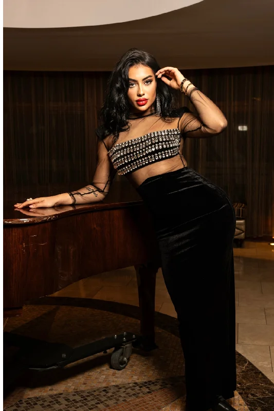 Priya Velvet Sheer Maxi Dress Black Stylish One-Shoulder Maxi Dress