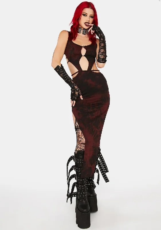 Red Tie Dye Cut-Out Maxi Dress Elegant Maxi Dress with Belt