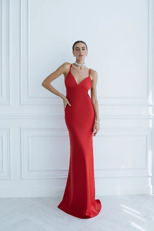 Red Satin Slip Maxi Dress Fashionable High-Waist Maxi Dress