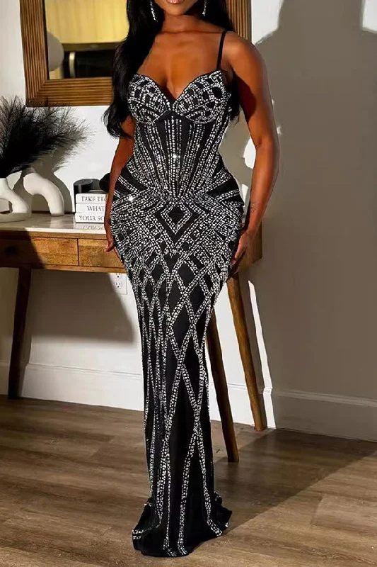 Rhinestone Glamorous Bodycon Spaghetti Strap Maxi Dress Stylish V-Neck Maxi Dress