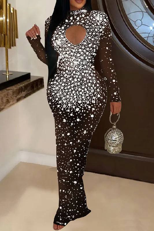 Rhinestone Glistening See-Through Maxi Dress Trendy Button Front Maxi Dress