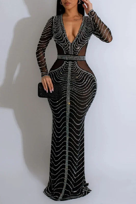 Rhinestone Party Deep V Neck Maxi Dress Fashionable Asymmetrical Maxi Dress