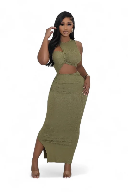 Ribbed Cut Out Slit Maxi Dress Trendy A-Line Maxi Dress