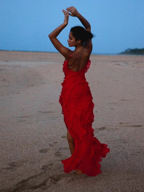 Ruffles Chiffon Maxi Dresses for Women Backlesss Split Sexy Porm Dress Red Long Summer Wedding Party Dress Elegant Luxury Comfortable Maxi Dress with Sleeves Ruffles Chiffon Maxi Dresses for Women Backlesss Split Sexy Porm Dress Red Long Summer Wedding Party Dress Elegant Luxury Comfortable Maxi Dress with Sleeves