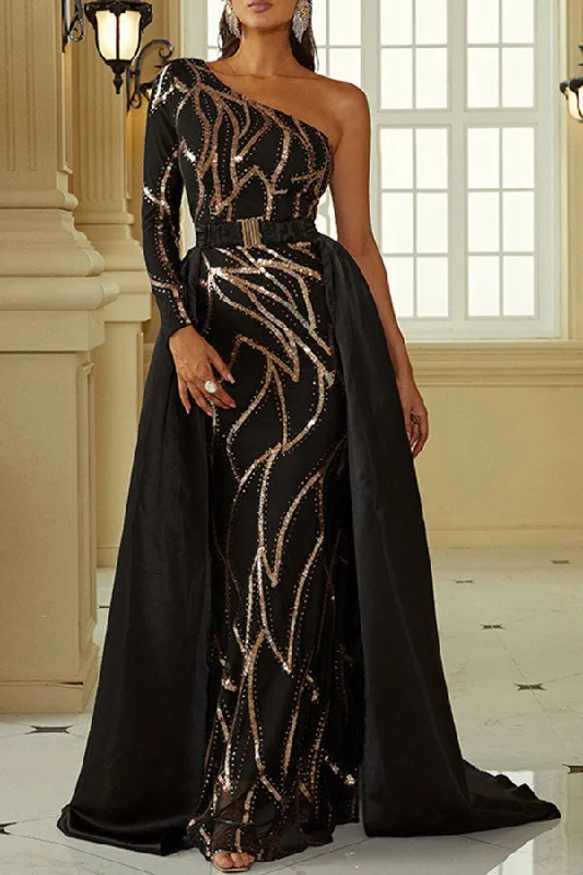 Sequined Luxe One Shoulder Trailing Maxi Dress Fashionable High-Low Maxi Dress