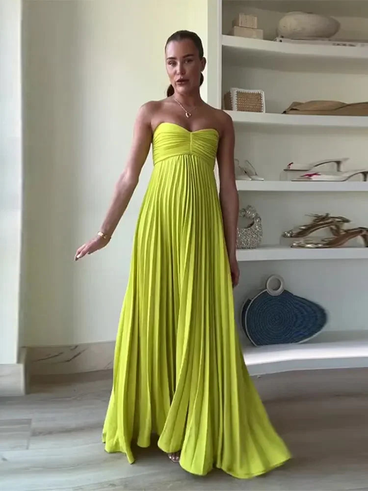Sexy Strapless Women Solid Pleated Maxi Dress Fashion Backless Sleeveless High Waist Dresses Summer Lady Party Evening Robe Fashionable Faux Wrap Maxi Dress