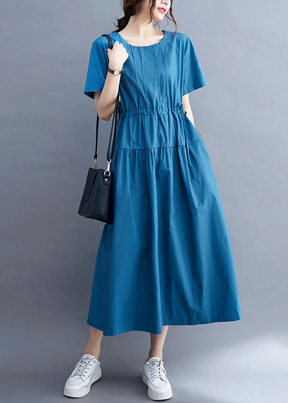 Slim Fit Blue Cinched Patchwork Cotton Maxi Dresses Summer Trendy A-Line Maxi Dress