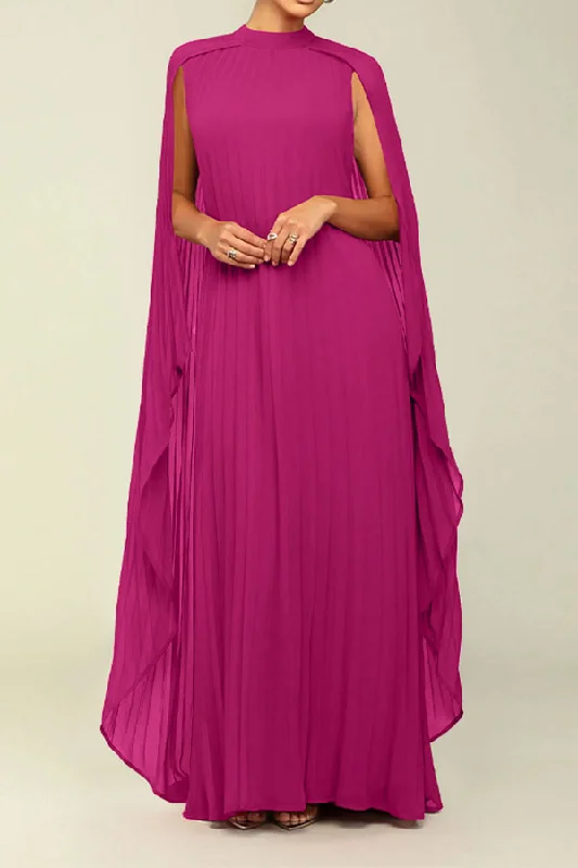 Solid Color Cape Sleeve Whimsical Pleated Maxi Dress Stylish Longline Maxi Dress