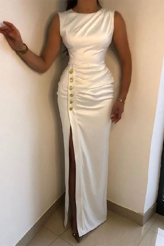 Solid Color Chic Ruched High Split Maxi Dress Trendy Maxi Dress with Straps