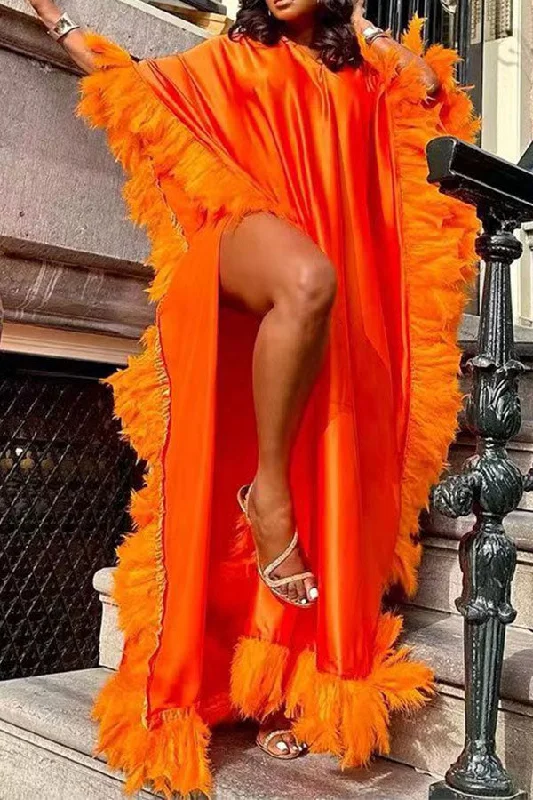 Solid Color Feather Patchwork Luxe High Split Maxi Dress Comfortable Plunging Neckline Maxi Dress
