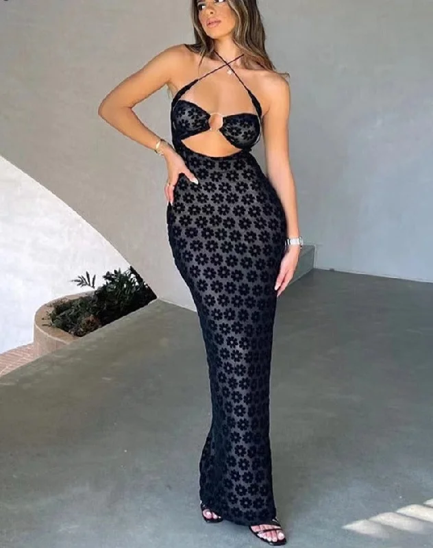 Solid Color Hanging Neck Maxi Dress Sexy Hollow Women Perspective Bag Hips Robe Female Street Trendy Dresses Clothing Elegant Wraparound Maxi Dress
