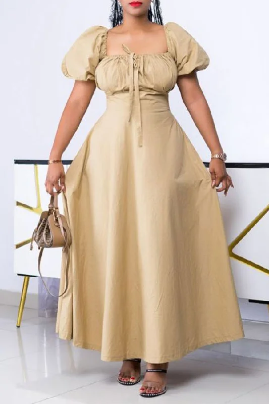 Solid Color Retro Square Collar Lace-Up Maxi Dress Trendy Button Front Maxi Dress