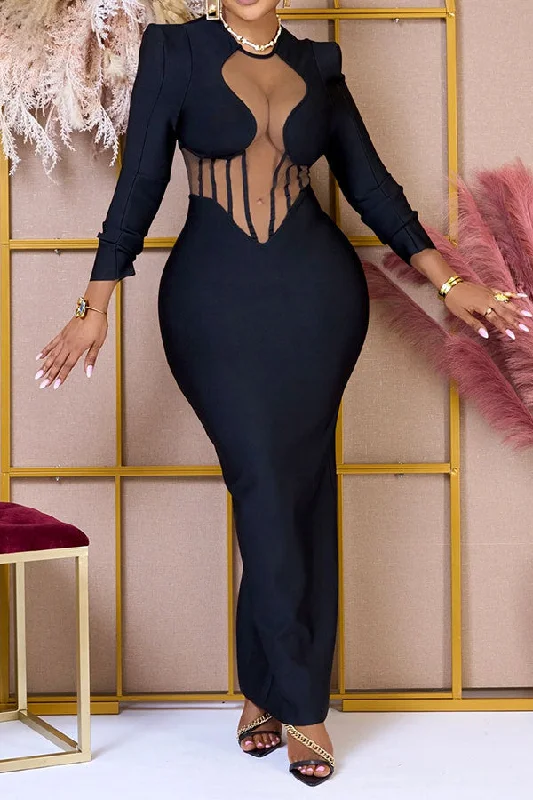 Solid Color Romantic Mesh Patchwork See-Through Maxi Dress Trendy Ruffled Maxi Dress
