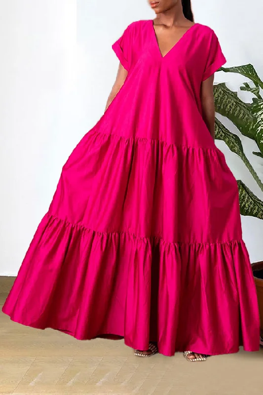 Solid Color V Neck Relaxed Tiered Maxi Dress Classic A-Line Maxi Dress