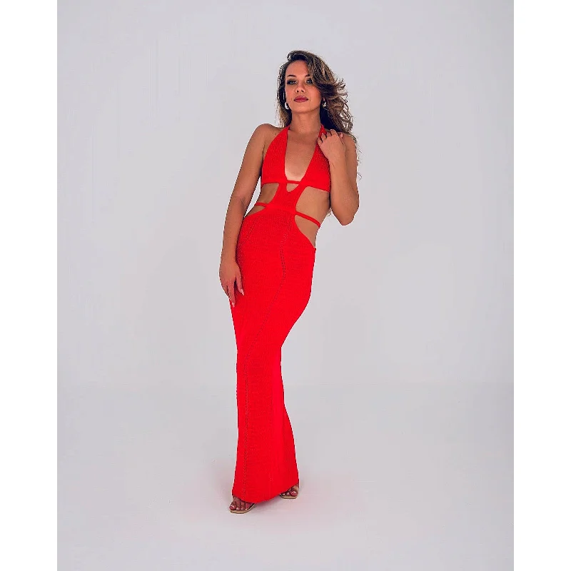 STELLA Red Crochet Cut-Out Maxi Dress Comfortable Fitted Maxi Dress
