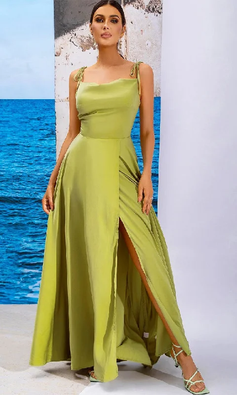 Stronger Than You Know <br><span>Green Sleeveless Tie Spaghetti Straps Straight Neck Side Split A Line Maxi Dress</span> Fashionable Chiffon Maxi Dress