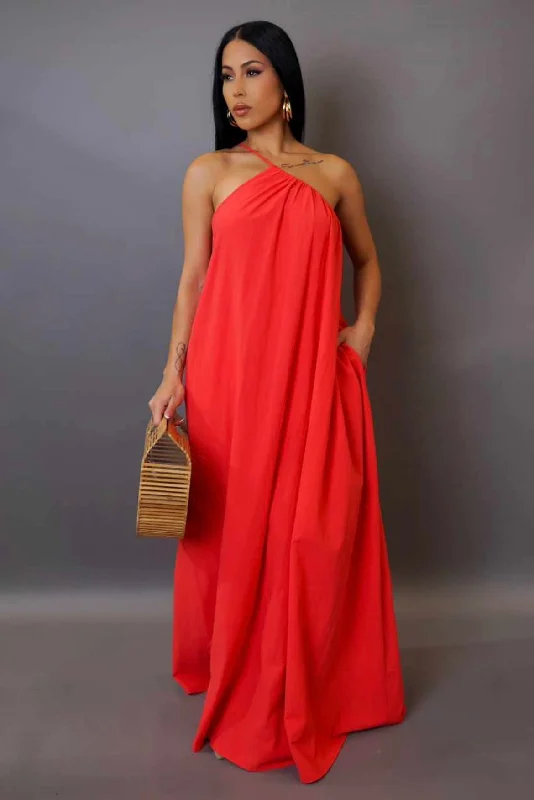 Summer Flow One Shoulder Maxi Dress Coral Trendy Off-Shoulder Ruffle Maxi Dress