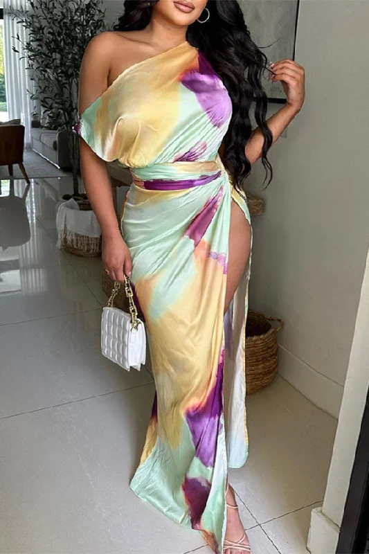 Tie Dye Pretty High Split Asymmetric Maxi Dress Fashionable Chiffon Maxi Dress
