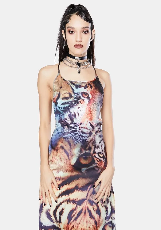Tiger Print Satin Tie Back Maxi Dress Fashionable High-Waist Maxi Dress