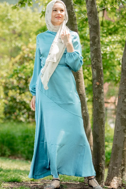Topaz Blue Asymmetrical Satin Maxi Dress-CLEARANCE Stylish Boho Chic Maxi Dress