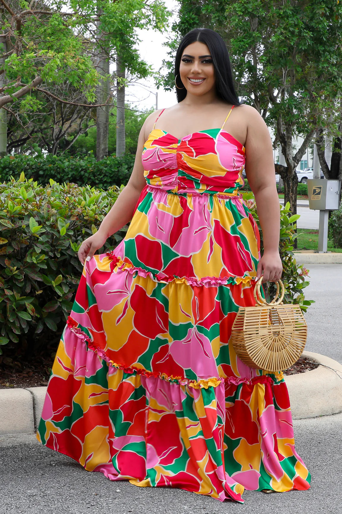 Tropical Spring Maxi Dress Pink (Curvy) Elegant Wraparound Maxi Dress