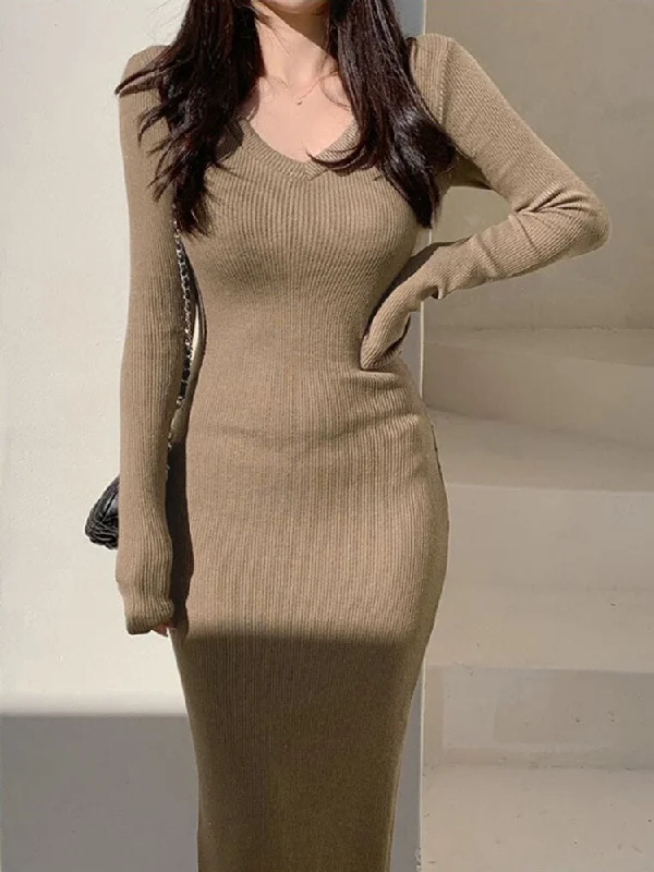Khaki V-Neck Long-Sleeve Split Maxi Dress Cozy Maxi Dress with Slit