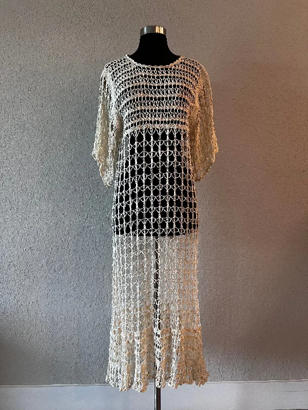 Vintage 90’s Beige Off White Crochet Knit Summer Maxi Dress Trendy Maxi Dress with Belt