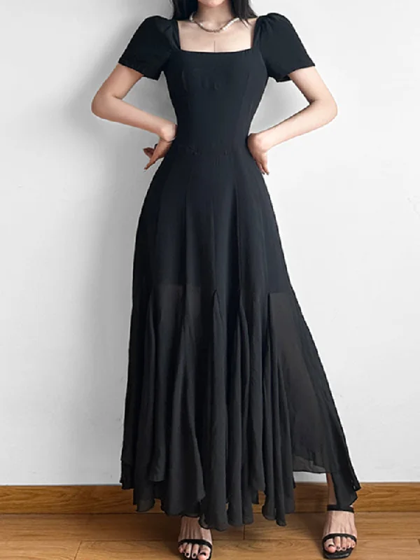 Black Short Sleeve Maxi Dress Comfortable Satin Maxi Dress
