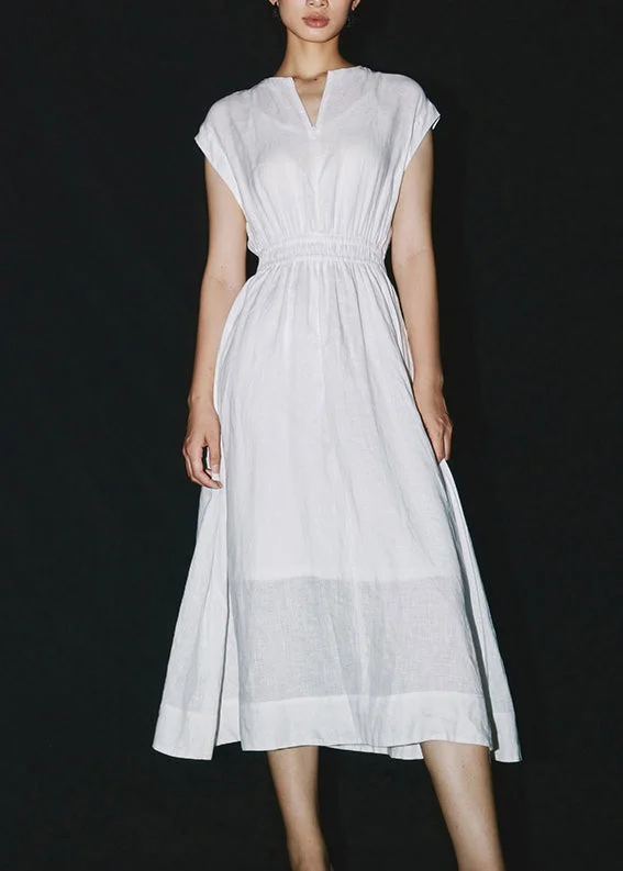 White Elastic Waist Solid Linen Maxi Dress Short Sleeve Comfortable T-Shirt Maxi Dress White Elastic Waist Solid Linen Maxi Dress Short Sleeve Comfortable T-Shirt Maxi Dress