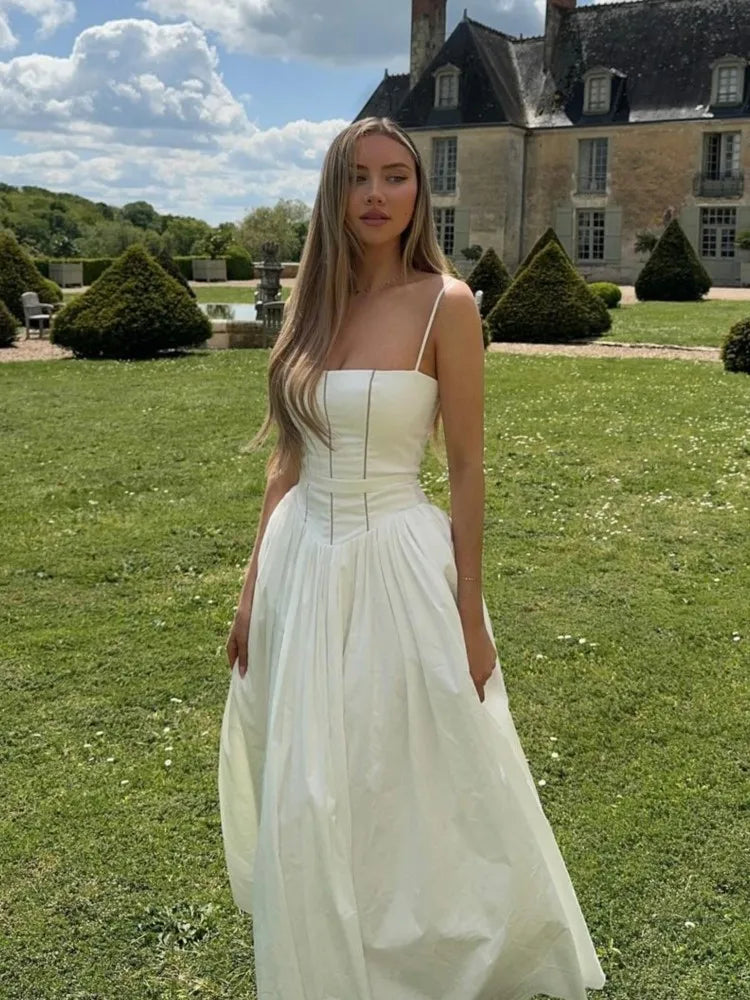 Women Elegant Patchwork Suspenders Maxi Dress Fashion Slim White Backless Sleeveless A-line Dresses Summer Lady Chic Party Robes Comfortable Flowy Maxi Dress