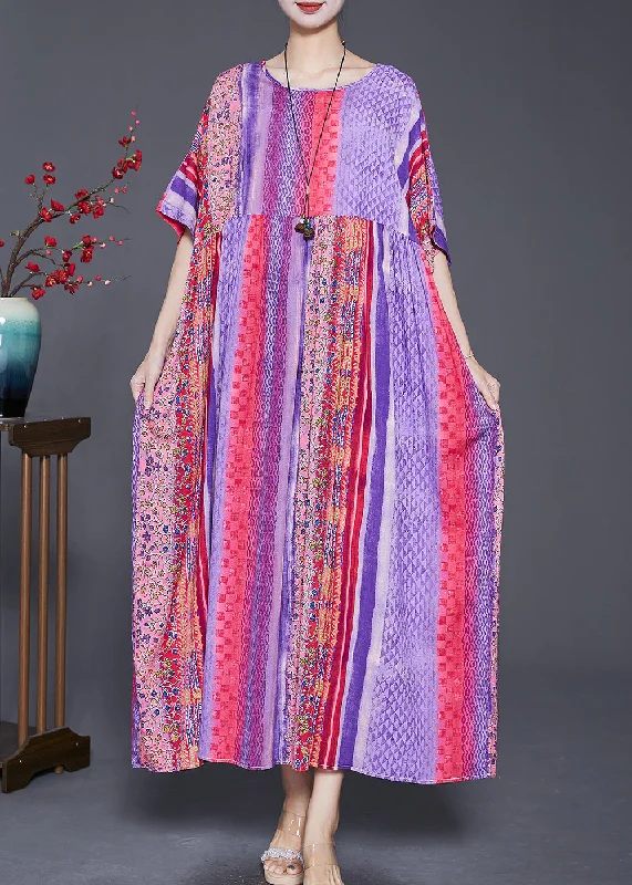 Women Purple Oversized Striped Cotton Maxi Dresses Summer Fashionable High-Waist Maxi Dress