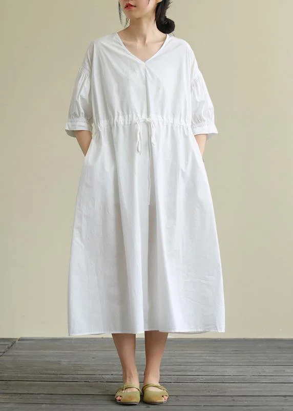 100% white cotton tunic pattern v neck drawstring Maxi Dress Stylish Button-Up Maxi Dress