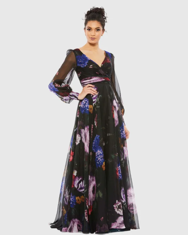 Floral Print Chiffon Long Sleeve Maxi Dress Classic Black Maxi Dress