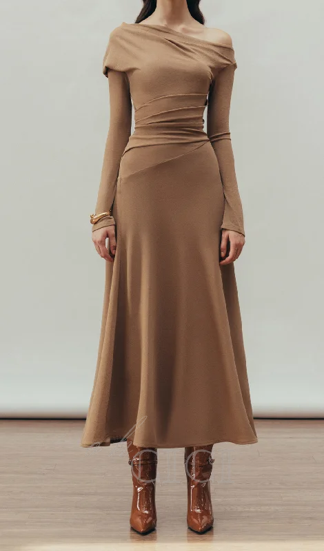 Aria Draped maxi Dress in Hazelnut Elegant Maxi Dress with Belt