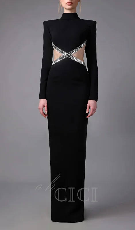 baguette crystals side cutouts embroidered Black crêpe maxi dress Fashionable Sleeveless Maxi Dress