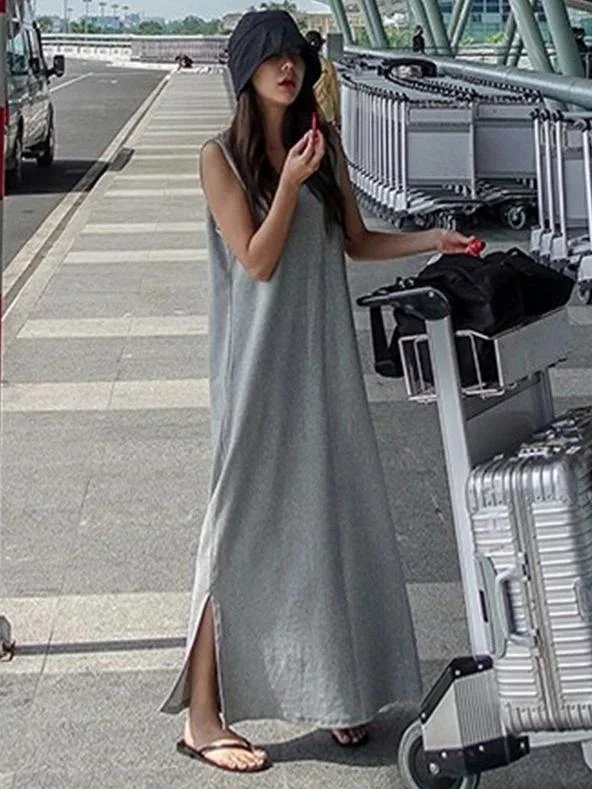 Beautiful sleeveless side open cotton summer Tunics gray Maxi Dress Fashionable Chiffon Maxi Dress