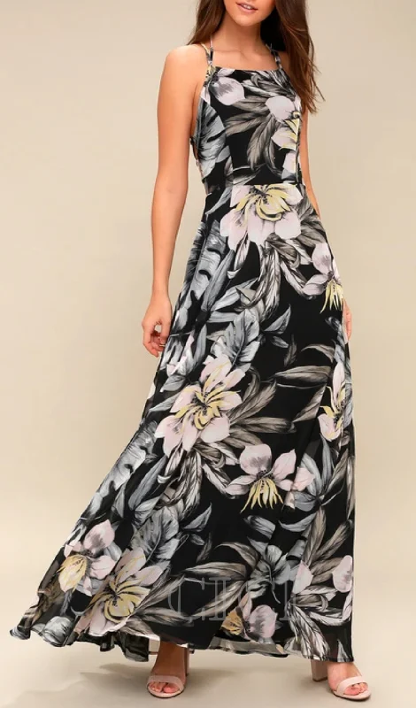 Black Floral Print Lace-Up Maxi Dress Trendy Ruffled Maxi Dress