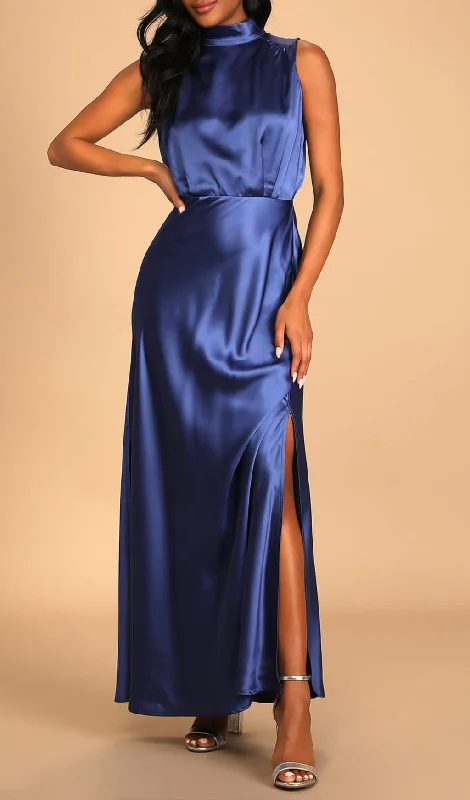 Blue Satin Sleeveless Mock Neck Maxi Dress Comfortable Fit-and-Flare Maxi Dress