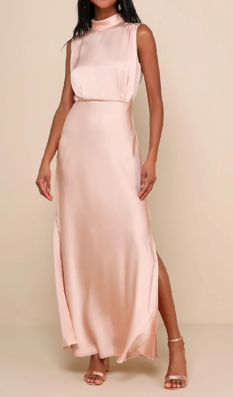 Blush Satin Sleeveless Mock Neck Maxi Dress Elegant Lace Maxi Dress