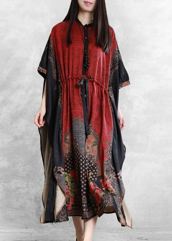 Classy red print clothes Women drawstring asymmetric Maxi Dress Elegant Tiered Maxi Dress