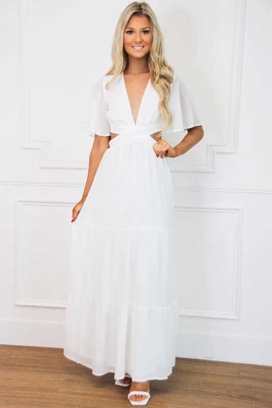 Come Away With Me Cutout Maxi Dress: White Stylish Off-Shoulder Maxi Dress