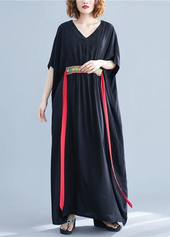 DIY tie waist cotton tunic dressNeckline black v neck Maxi Dresses summer Chic Off-Shoulder Maxi Dress