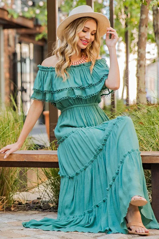 Off-the-Shoulder Tiered Long Casual Maxi Dress Trendy Button Front Maxi Dress